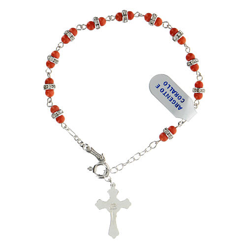 Single decade rosary bracelet with 6 mm coral beads, crystals and 925 silver 2