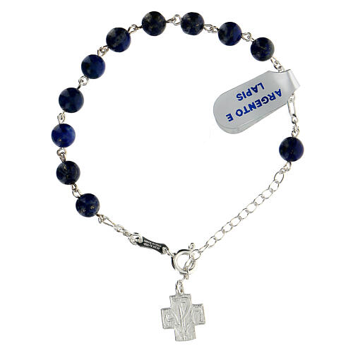 Bracelet dizainier argent 925 croix Chi-Rho grains lapis-lazuli 6 mm 1