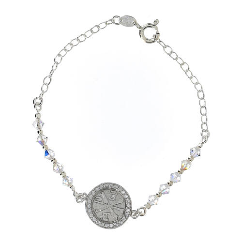 Single decade rosary bracelet strass white 6 mm spiral cross 925 silver 1