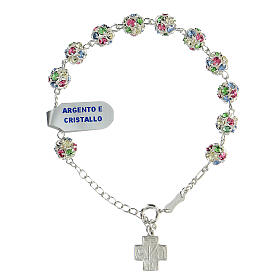 Single decade rosary bracelet with 6 mm multicoloured strassball and 925 silver cross