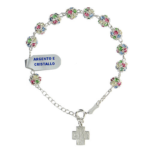 Single decade rosary bracelet with 6 mm multicoloured strassball and 925 silver cross 1