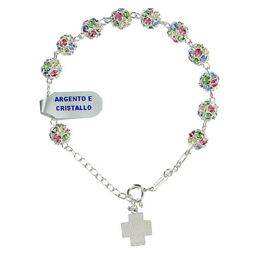 Single decade rosary bracelet with 6 mm multicoloured strassball and 925 silver cross 2