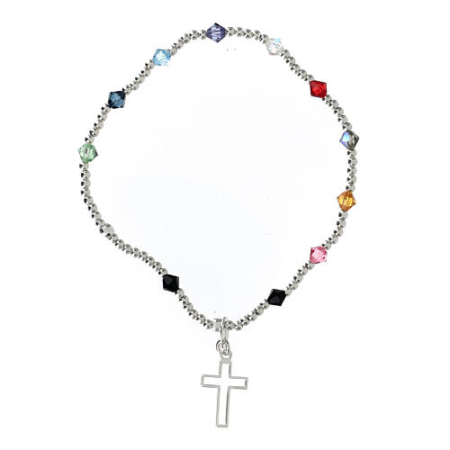 Armband aus Sterlingsilber mit bunten strass-Perlen von 4 mm und gelochtem Kreuz 2