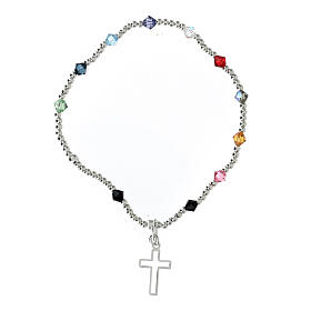 Bracelet with 925 silver beads, 4 mm multicoloured strass and cut-out cross