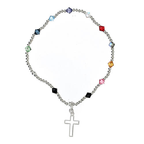 Bracelet with 925 silver beads, 4 mm multicoloured strass and cut-out cross 1