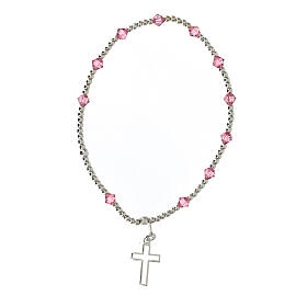 Bracelet with 925 silver beads, 4 mm pink strass and Latin cross