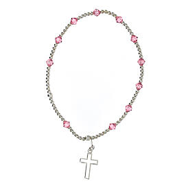 Bracelet with 925 silver beads, 4 mm pink strass and Latin cross