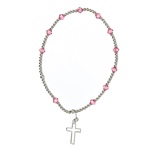 Bracelet with 925 silver beads, 4 mm pink strass and Latin cross 1
