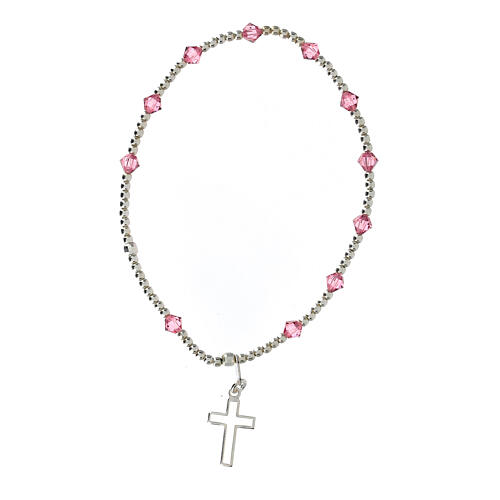 Bracelet with 925 silver beads, 4 mm pink strass and Latin cross 2