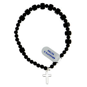 Elastic single decade rosary bracelet, 6 mm black glass beads, onyx and 925 silver