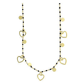 Gold plated necklace, 925 silver, black beads and small hearts, 46 cm circumference