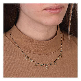Gold plated necklace, 925 silver, black beads and small hearts, 46 cm circumference