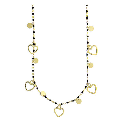 Gold plated necklace, 925 silver, black beads and small hearts, 46 cm circumference 1