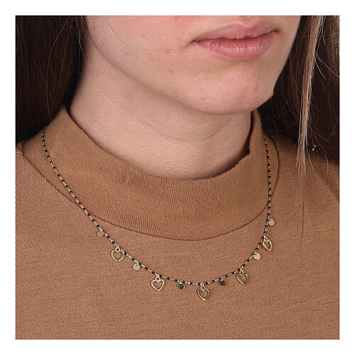 Gold plated necklace, 925 silver, black beads and small hearts, 46 cm circumference 2