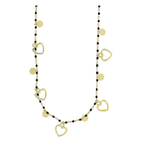 Collar plata 925 dorada granos negros corazoncitos circunferencia 46 cm 3