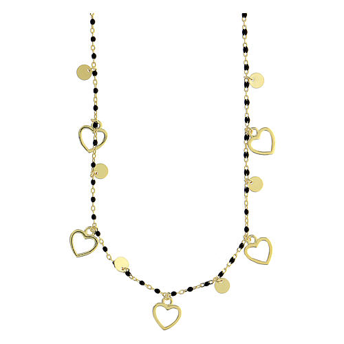 Necklace 925 silver gilded black beads hearts circumference 46 cm 1