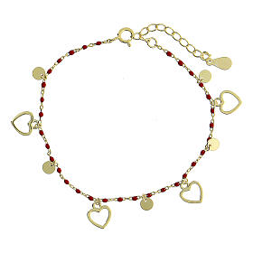 Bracelet of gold plated 925 silver, red enamelled beads, round and heart-shaped charms, 19.5 cm circumference