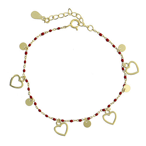 Pulsera plata 925 dorada granos esmaltados rojos corazoncitos circunferencia 19,5 cm 3