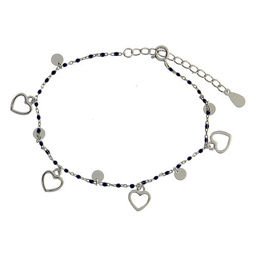 Bracelet argent 925 grains émaillés bleus coeurs circonférence 19,5 cm 1