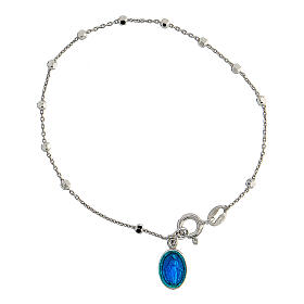 Single decade rosary bracelet, Miraculous Medal and Saint Rita, blue enamel, 925 silver