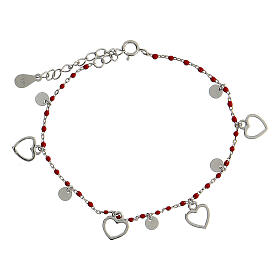 Bracelet with hearts and red beads, 925 silver
