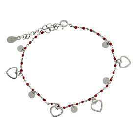 Bracciale argento 925 cuori e grani rossi