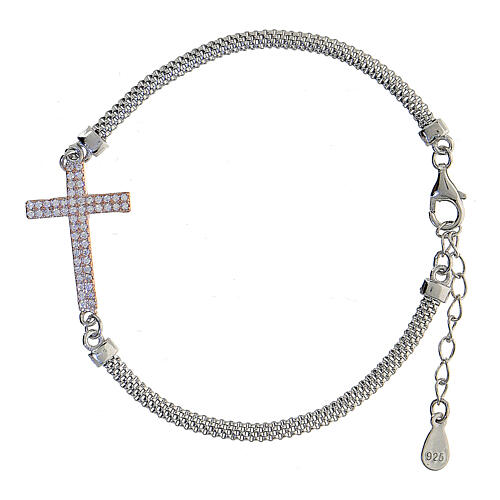 Sterling silver cross bracelet with zircons Milan mesh 1