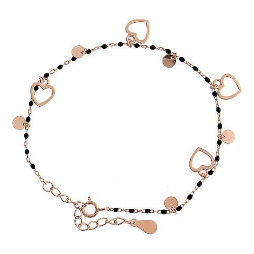 Bracelet with heart-shaped charms, rosé 925 silver and black beads 3