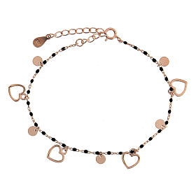Bracciale argento 925 cuoricini grani neri
