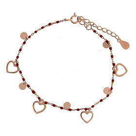 Bracelet with heart-shaped charms, rosé 925 silver and red beads