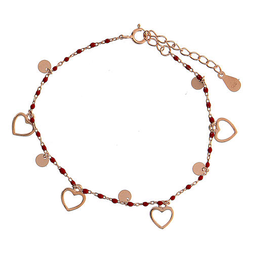 Bracelet with heart-shaped charms, rosé 925 silver and red beads 1