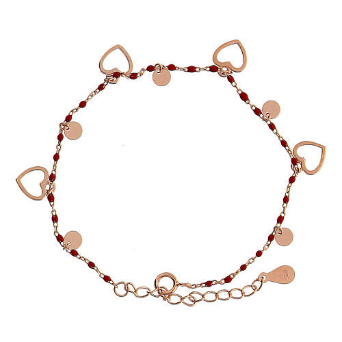 Bracelet with heart-shaped charms, rosé 925 silver and red beads 3