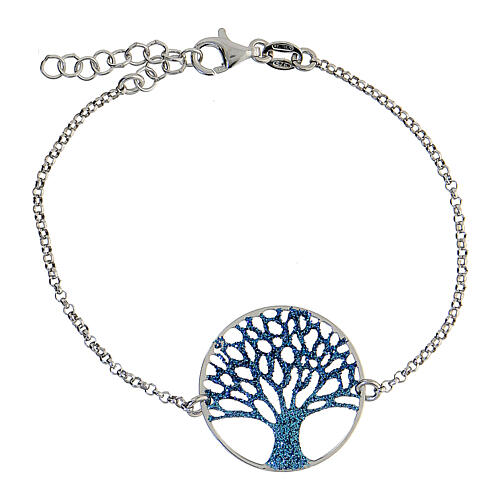 Pulsera plata 925 medalla Árbol Vida diamantado azul 1