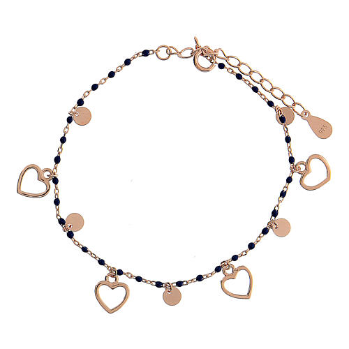 Rose-coloured 925 silver bracelet with hearts and 1 mm beads 1