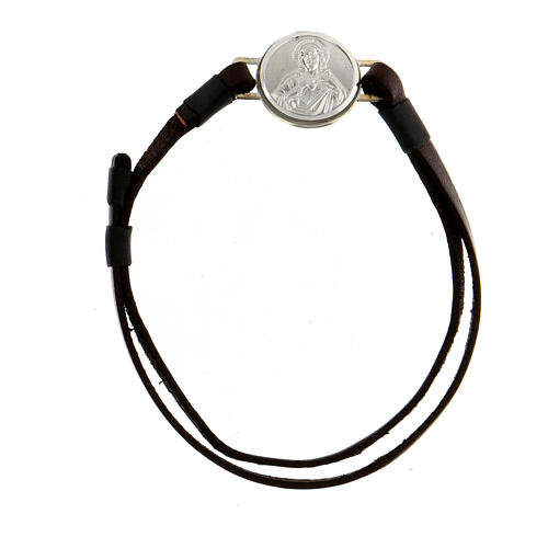 Leder-Armband mit kleiner Medaille aus rhodiniertem Silber 800 mit Darstellung vom Heiligsten Herzen 1
