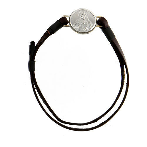 Bracelet en cuir avec médaille argent 800 Sacré-Coeur rhodié 1