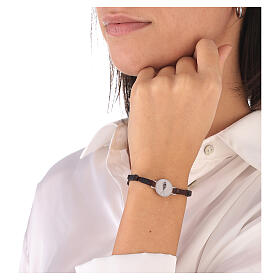 Leather bracelet with fish on a medal, rhodium-plated 800 silver