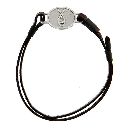Leather bracelet with rhodium-plated silver fish medal 1