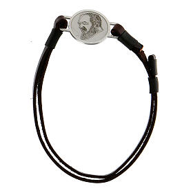 Leather bracelet with Saint Pio on a medal, rhodium-plated 800 silver