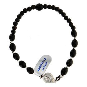 Elastic bracelet with black wood beads and 925 silver medal of Saint Pio