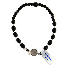Elastic bracelet with black wood beads and 925 silver medal of Saint Pio