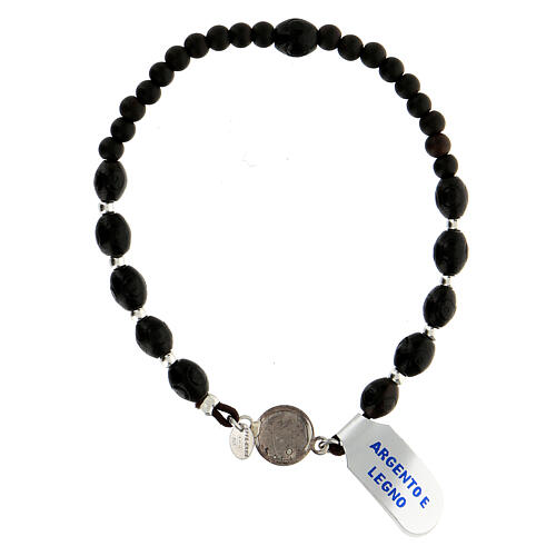 Elastic bracelet with black wood beads and 925 silver medal of Saint Pio 2
