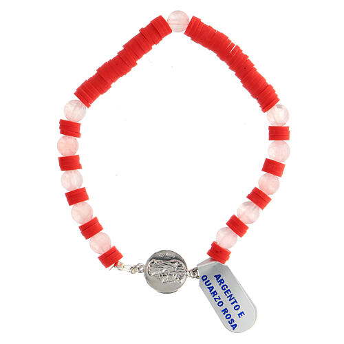 Bracelet dizainier argent 925 grains quartz rose disques en caoutchouc médaille avec Chi-Rho 1