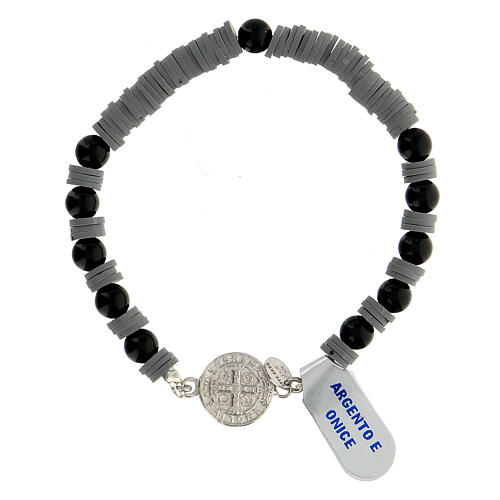 Armband mit Onyxperlen, grauen Gummischeiben und Darstellung von Sankt Benedikt aus Silber 925 2