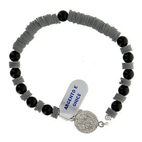 Single decade rosary bracelet with onyx beads, grey rubber discs and 925 silver medal of Saint Benedict
