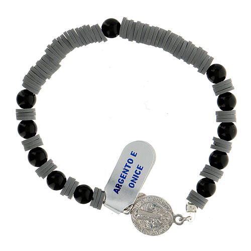 Single decade rosary bracelet with onyx beads, grey rubber discs and 925 silver medal of Saint Benedict 1