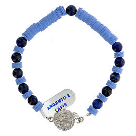 Bracelet dizainier argent 925 grains lapis-lazuli disques en caoutchouc bleu clair médaille St Benoît