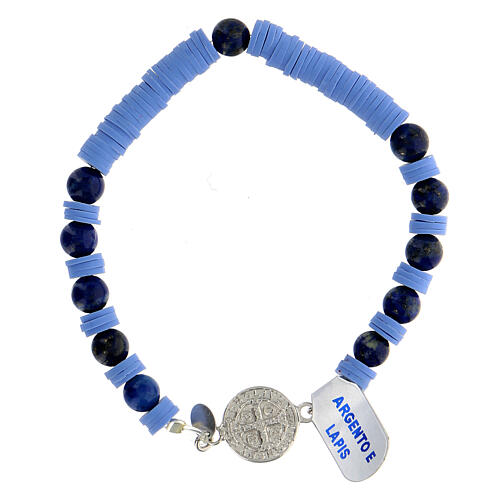 Bracelet dizainier argent 925 grains lapis-lazuli disques en caoutchouc bleu clair médaille St Benoît 2