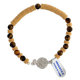 Bracelet dizainier argent 925 grains oeil de tigre disques en caoutchouc beige médaille St Benoît