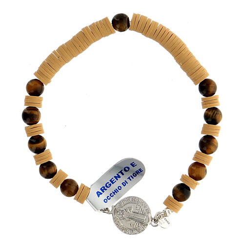 Bracelet dizainier argent 925 grains oeil de tigre disques en caoutchouc beige médaille St Benoît 1